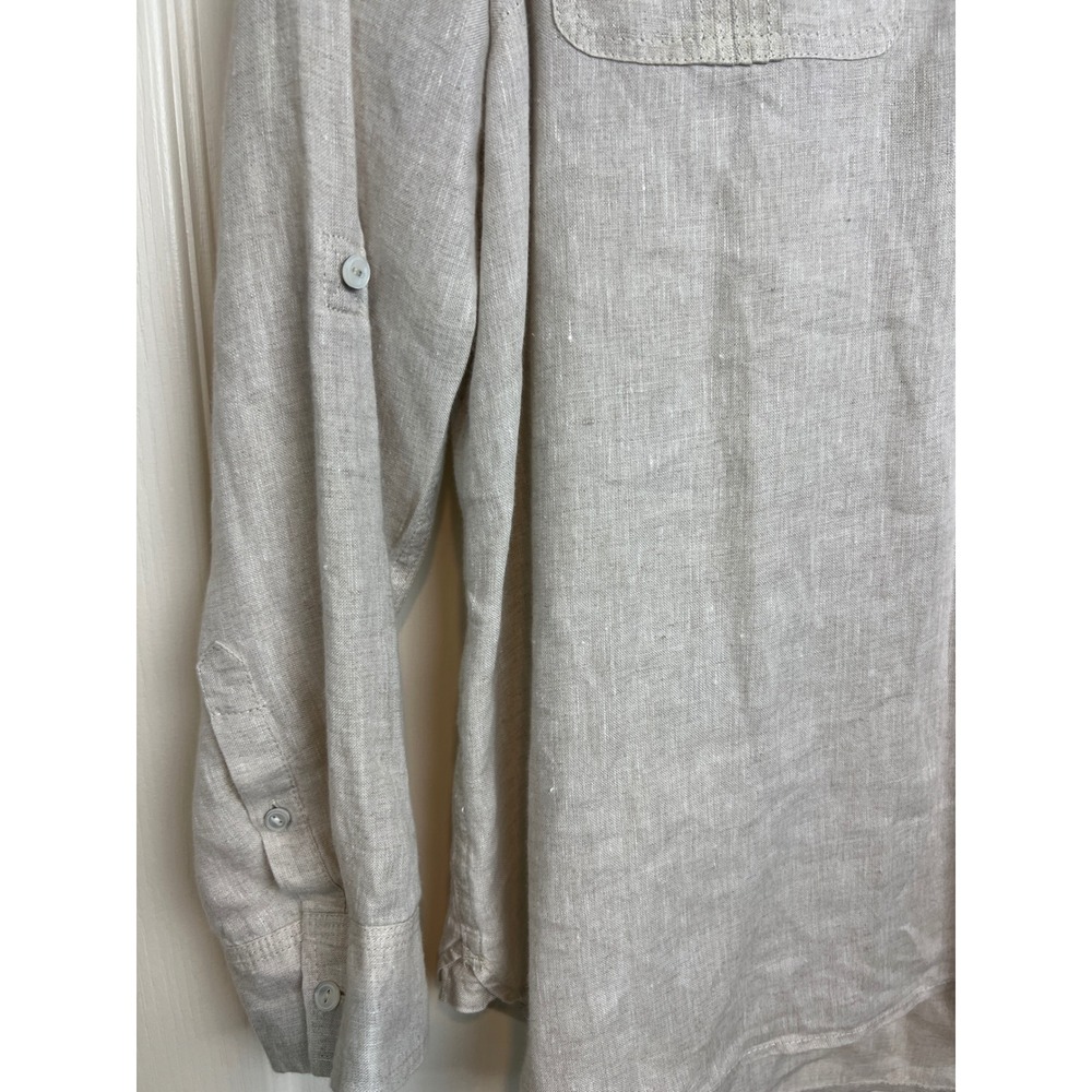 Talbots Linen Henley Blouse Women Size M‎ Beige Roll Tab Sleeve Pintuck F17 - Picture 8 of 13